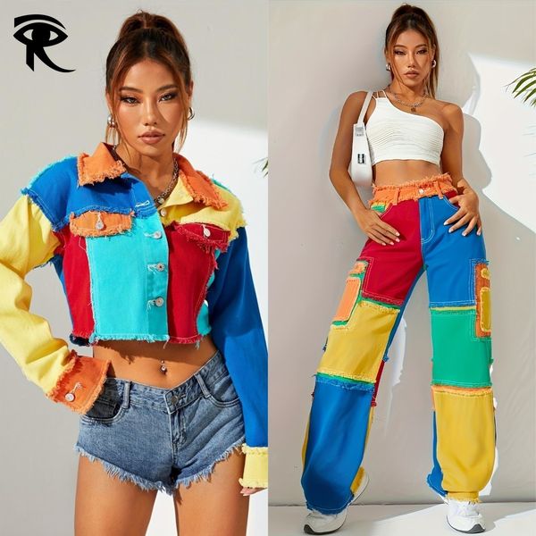 Patchwork Cropped Denim Jacket Top Women 2026 Color Block Frayed Hem High Waist…