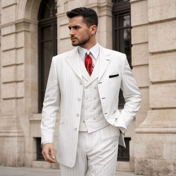 Vintage White Stripe 3 Pieces 1970s Style Wedding Suit for Mens Peak Lapel Double Breasted Formal Groom Prom Office Evening Wear