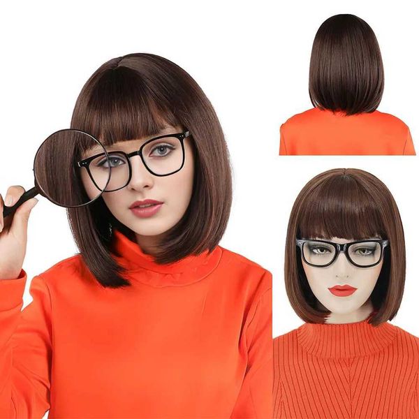 Brown Bob Wig With Bangs Synthetic Short Bob Wigs For Women Straight Bob Bangs Wig Heat Resistant Hair For Cosplay Daily Party C260518