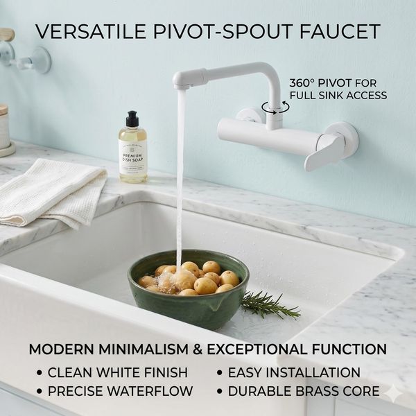 Brass kitchen faucet with dual holes, 360-degree rotating nozzle, wall-mounted bathroom washbasin faucet, hot and cold water folding crane sink mixer