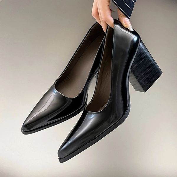 Elegant Black Patent Leather High Heels Women Sexy Pointed Toe Thick Bottom ner Shoes Comfort Shallow Office Shoes