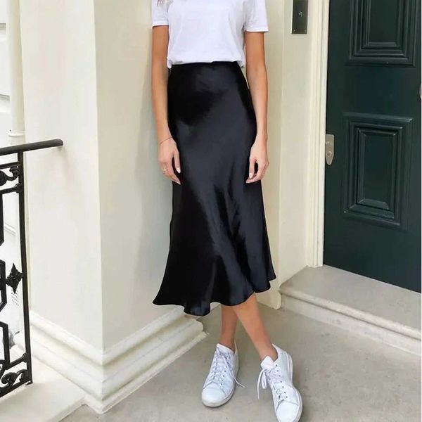 2024 Summer Chic Office Satin Midi Skirt Women Fashion Korean Casual High Waist Elegant Slim Long Skirt Chic Female Office Lady L260518