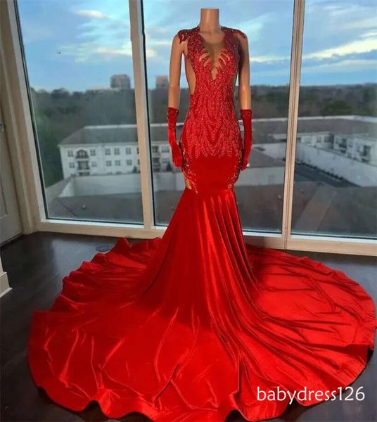 Sexy Long Red Velvet Mermaid Prom Dress Jewel — compare prices at CompareOffers