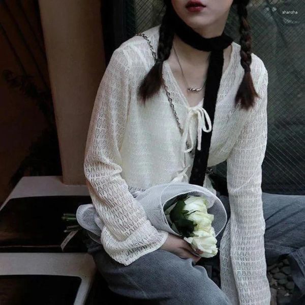 Women's Blouses Women Long Sleeve Blouse Tie Front Pointelle Knit Cardigan Hollow Out Jacket Shrug French Chic Cottagecore Boho Spring