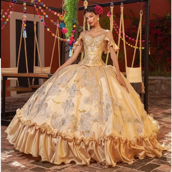 Off Shoulder Spaghetti Strap Sweetheart Gold Satin Ball Gown Silver Gold Embroidery Ruffled Hem Long Train Quinceanera Dress Princess Formal Evening Party Gown