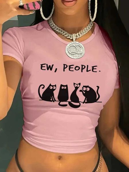 90s Chic Cropped Cute Black Cat Print Crew Neck T-shirt Y2K Short Sleeve Tight Fit Crop Top Spring Summer Womens Clothing M260519
