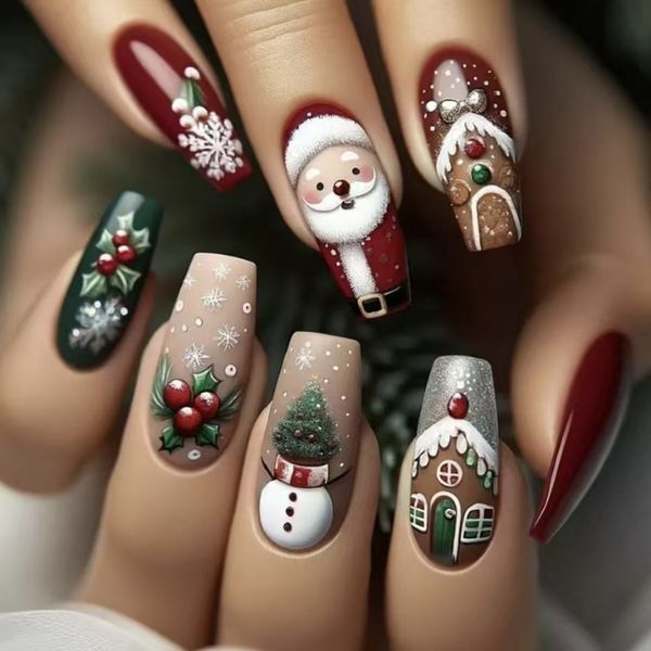 24-piece red green fake nails, long T-shaped, with Christmas snowflakes, holly, and Santa Claus designs, wholesale