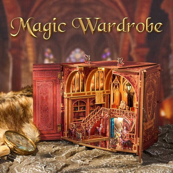 Book Nook Kit Magic Wardrobe DIY 3D Wooden Puzzle Bookshelf Insert Dollhouse Model Bookend Building Home Decoration Gifts M260520