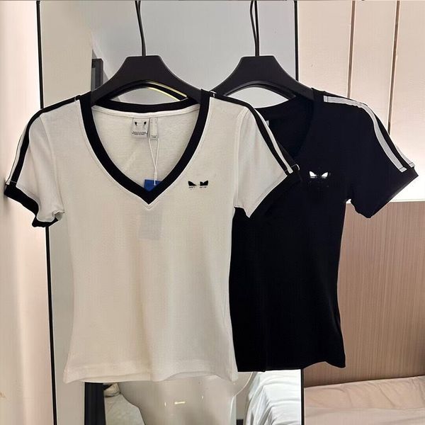 Women's Designer Clover Embroidery T-shirt Fashion Deep V-neck Short Tees Slim Fit Breathable Harajuku Versatile Tops Summer