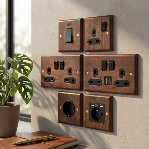 Vintage Wood Grain Socket Wood Panel Switches with Black Walnut Wood and Brass Lever Retro 86 Style EU Bidirectional Switch T260520