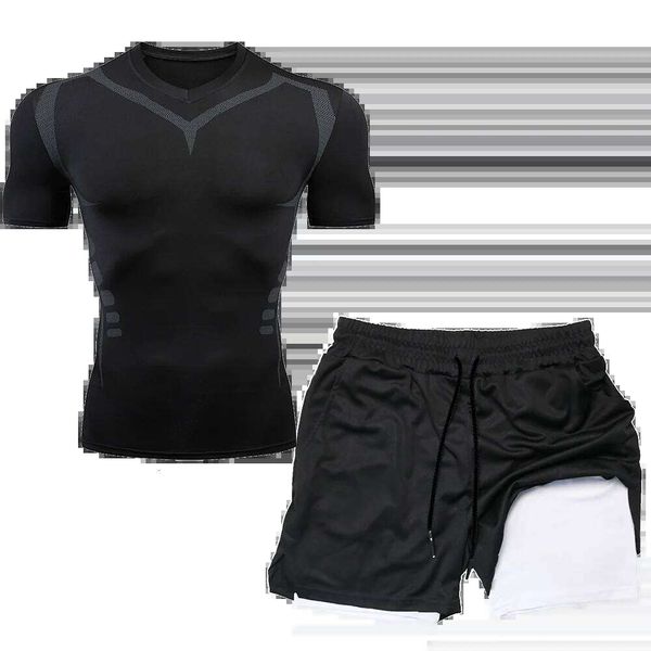 Set Running Sport Fitness Suit for Men Quick Dry Compression Shirt+Gym Shorts 2PCS Workout Summer Sportwear 26Y0520