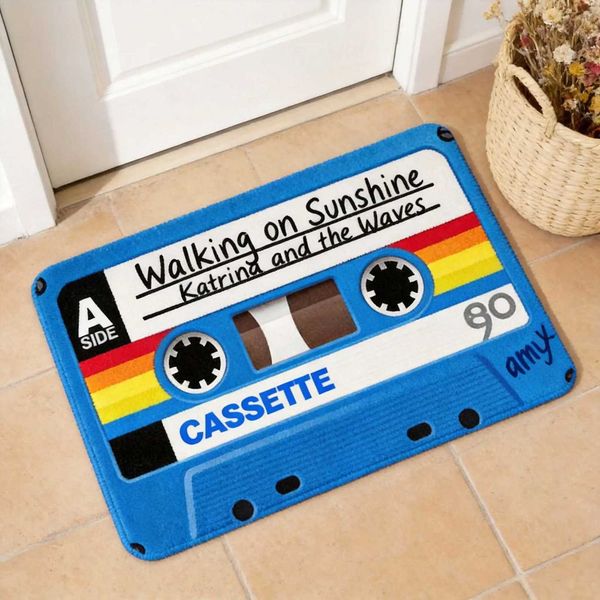 Retro Cassette Floor Mat 1pc Rainbow Tape with Running Up That Hill Text Music Lovers Indoor Doormat for Home Decor L260519