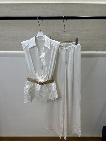Women's light and mature style lace splicing sleeveless shirt high waist wide leg pants pure color casual suit