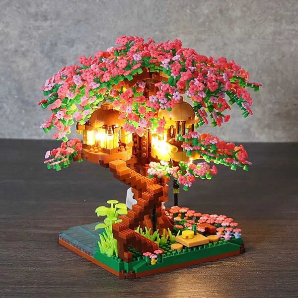 Sakura Tree Micro Blocks with LED Lights - Cherry Blossom Treehouse Model 3D Romantic Night Glow Decor Thoughtful Gift for Her M260520