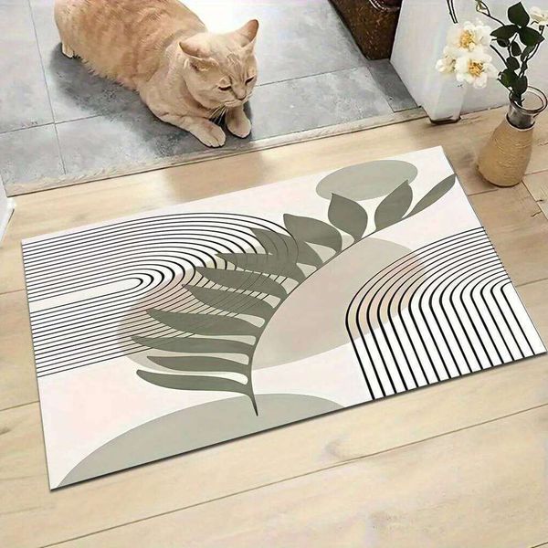 1pc Line leaf patterned floor mat, polyester fabric, machine washable, suitable for bedroom and living room dcor. 26W0521