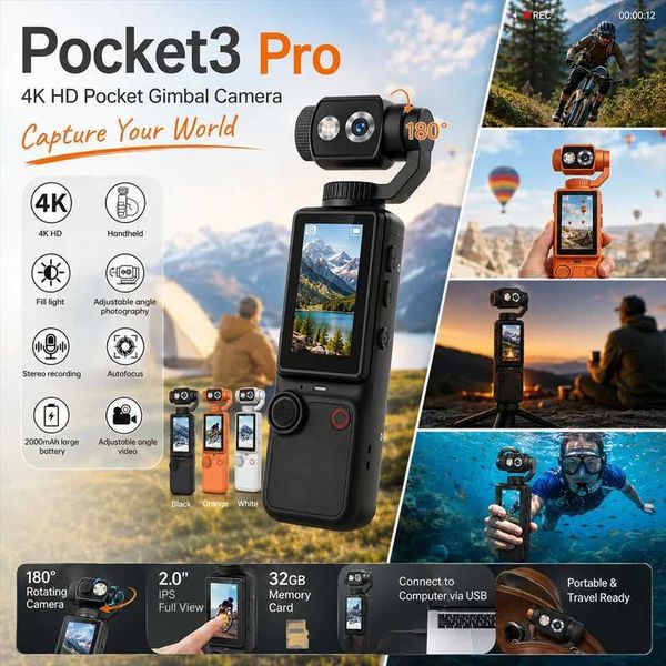 New Pocket3 Pro 4K Sports Action Camera Remote Control 20 I Screen Portable DV Video Recorder for Cycling Motorcycle Vlog T260521