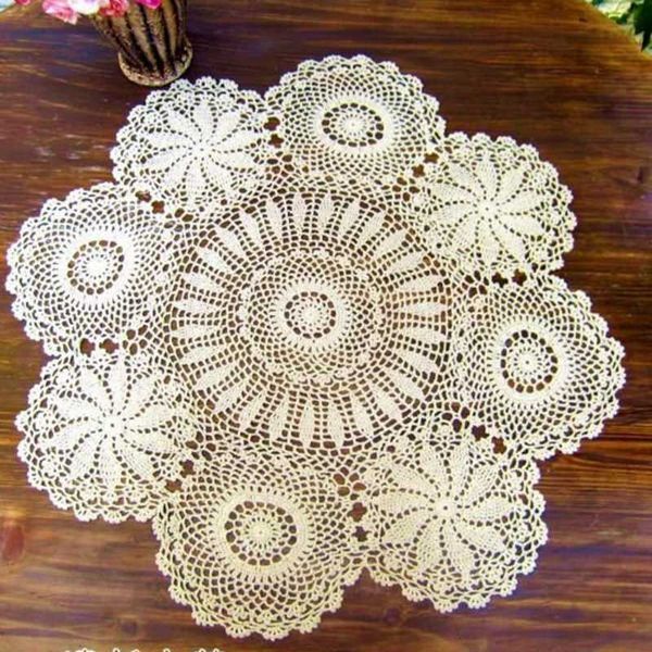 Round Crochet Table Cloth Handmade Lace Tablecloth Vintage Hand Tablecloth Crochet White Beige Color L260521
