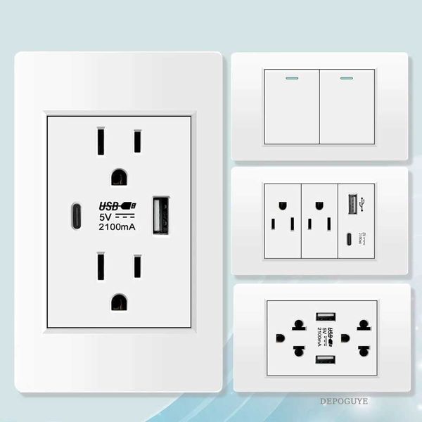 American Standard Wall Type C USB Double Power SocketUS Light Switch PC Panel Outlet15A Dual Mexican Socket with USB Charging T260520