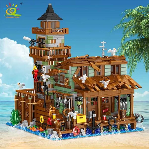 HUIQIBAO 1881Pcs City MINI Fishing Village Cabin Micro Building Blocks DIY Fish House Pier Set Figures Bricks Toys For Children M260520