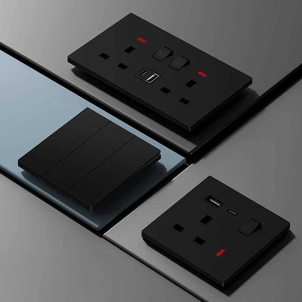 UK 13A with USB Type-c 20W Quick Charge Wall Power socket plugBlack Universal light switch PC Panel Dual USB Electrical outlet T260520