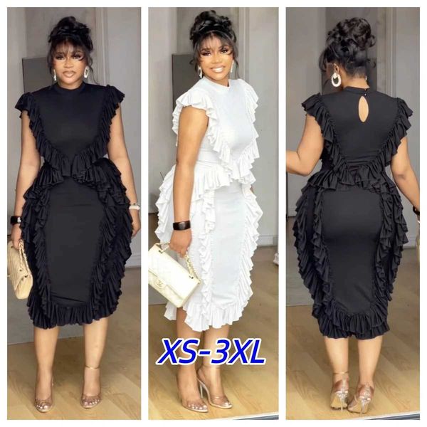 Elegant Women Summer Ruffles Dress Sleeveless Bodycon Round Neck Casual Vintage Slim Evening Party Club Midi Black Dresses