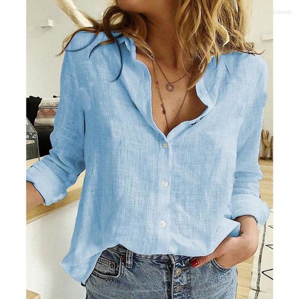 Women's Blouses Korean Fashion Blue Pink Lapel Shirt Summer Thin Cool Cotton Linen French Elegant V-Neck Long Sleeve Lady