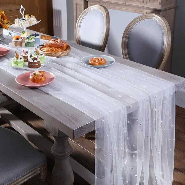 Wedding Pearl chiffon decorative Tablecloth solid color mesh Dessert Tablecloth Lace Bridal for Wedding Birthday Party Supplies L260521