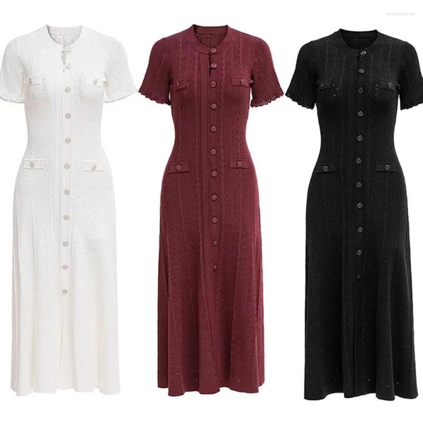 Casual Dresses Summer Solid Round Neck Short Sleeved Office Lady Knitted Dress Women Korean Single Breasted Hollow Out Long Fashion Trend