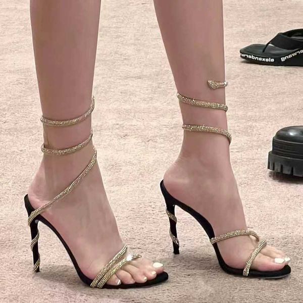 RC Crystal Snake-Shaped Wrapped Thin Heel High Heels for Women 2025 New Sexy Socialite Open-Toe One-Strap Sandals for Women X260522