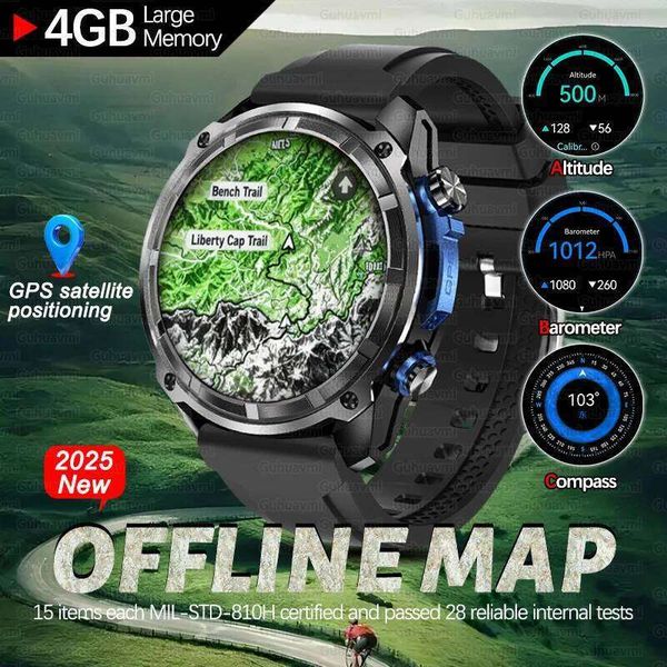 2025 New Tactical Sports Smartwatch Built-In GPS Offline Map 4Gb Memory 5Atm Waterproof Swimming Men Militray Smart Bracelets Smart Glasses