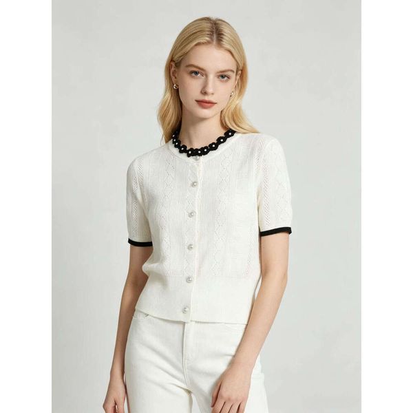 French Soft White & Black Color-Block Knit Cardigan, Round Neck Floral Trim Pearl Button Short Sleeve Diamond Crochet Top Square Neck Retro