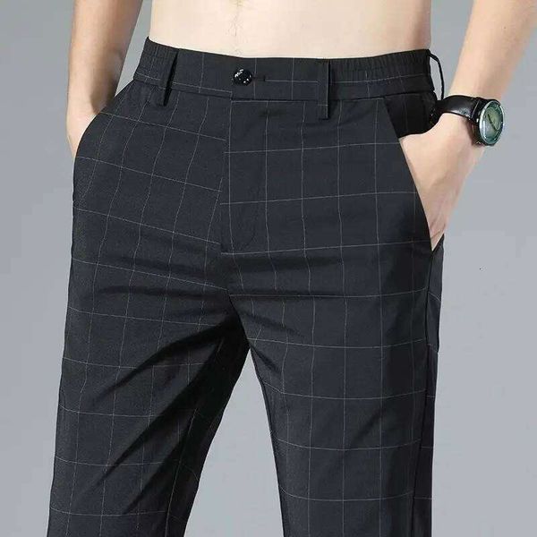 Male Suit Trousers Check Cooling Ice Silk Plaid Straight Up Clothes Offer Slacks Designer Men's Summer Pants Fabric 2025 Classic 26L0522