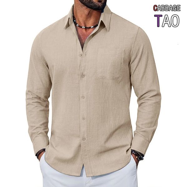 Men's Premium Long Sleeve Linen Shirts Breathable Cotton Tops Elegant Lapel Button Hawaiian Tees Perfect Wear for Modern Men