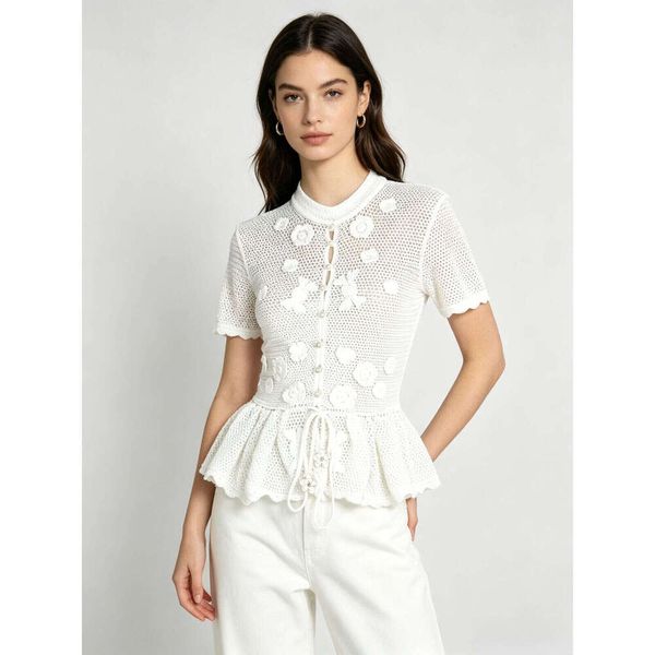 French Soft White Crochet Waist Top, 3D Floral Hollow Knit Short Sleeve Peplum T-Shirt Lace Patchwork