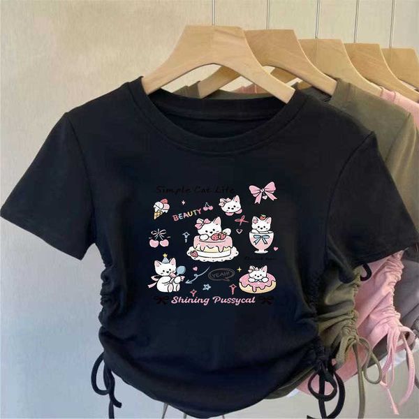 Summer girls lightweight breathable cartoon print short-sleeve top for older children 2026 ice silk ribbed drawstring design L260521CIO0