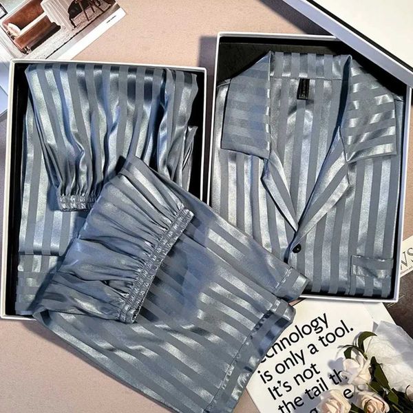 Spring Summer New Mens Pajamas Sleepwear 3PCS Short Sleeve Trouser Suit Loungewear Loose Silky Satin Home Clothes Pijamas SetJ260522