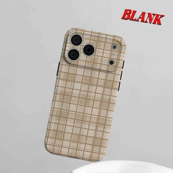 Beige Grid Texture 2-in-1 Phone Case For iPhone 17 16 15 14 13 Pro Max Air 17e INS Flower Hard PC Bumper Cover CoqueJ260522