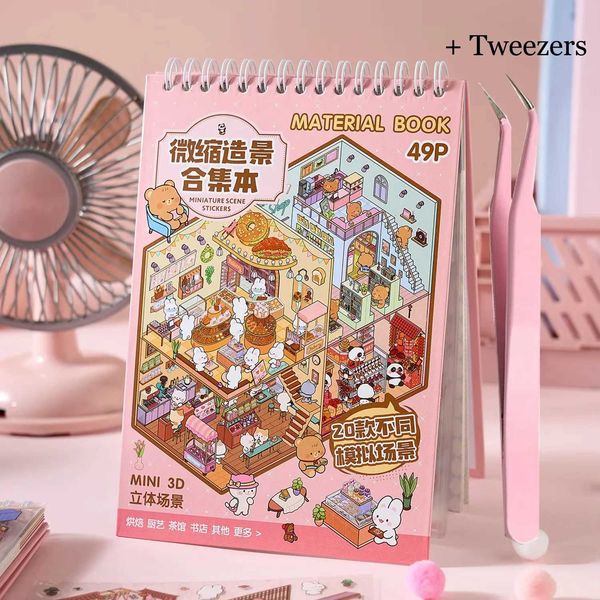49pcs/pack Sunny Town Miniature Scene Sticker Book 3D Stereo Cartoon Cottage DIY Scene Making Decoration M260522