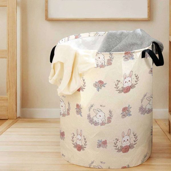 Rose Rabbit Print Foldable Large-Capacity Storage Basket, for Kids' Toys and Clothes, Home & Bathroom Use