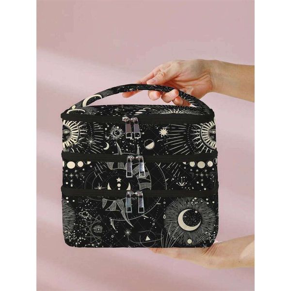 Moon God 1Pc, Starry Sky Pattern 3-Layer Multi-Functional Cosmetic Management Bag, Bathtub Shower, Wallet, Portable Cosmetics, Lipstick, Brush, Skin Care