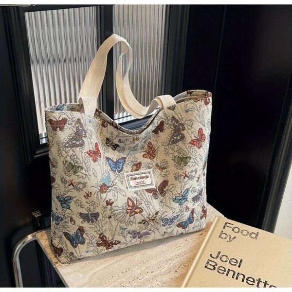 Women's Butterfly Flower Print Embroidery Shoulder Bags Fashionable Canvas Handbags Large Capacity Zipper Shopping Bag