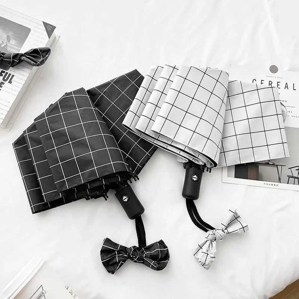INS Style Plaid Automatic Foldable Umbrella Premium Sun Umbrella UV Protection 2-in-1 Sun Rain Umbrella L260522