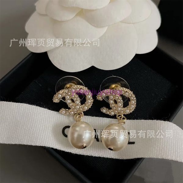cc earrings for women Exquisite double C letter full diamond large and small pearl tassel earrings for women light luxury high-end earrings