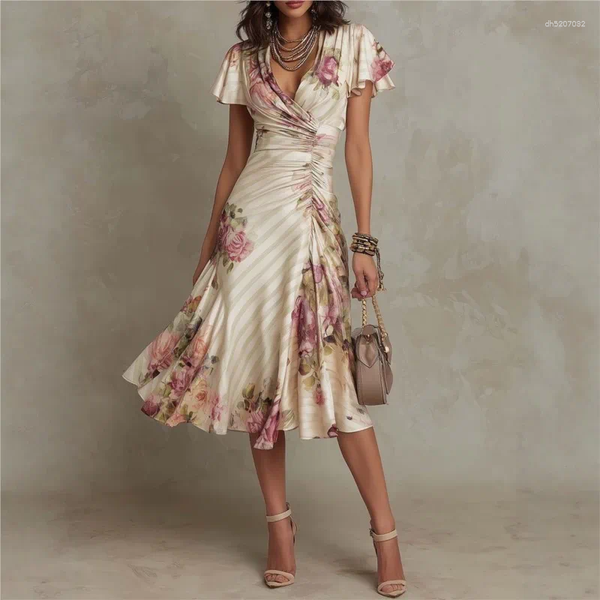 Casual Dresses Boho Style Elegant Floral Print Long Dress Woman Spring V Neck High Waist Party Summer Short Sleeve Zip Maxi Vestido