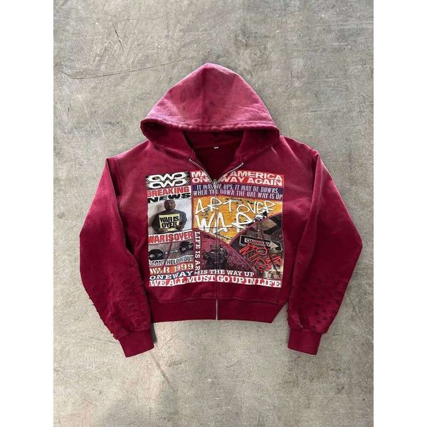 Niche Trend Streetwear Series Patch Pattern Zip Up Hooded Casual Jackets Women's 2026 New Washed Red Punk Oversizeds Hoodies 26Y0526