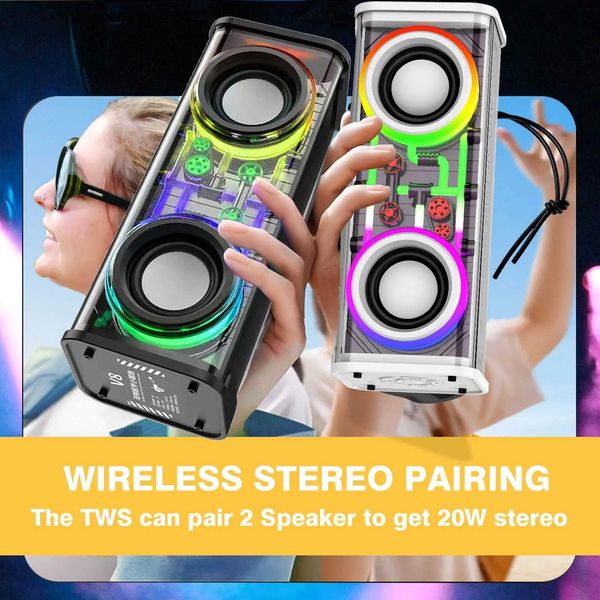 V8 Transparent Mecha Speakers Bluetooth 50 Wireless Double Bass Diaphragm Subwoofer Music TWS RGB Light Mini Party Loudspeaker T260525