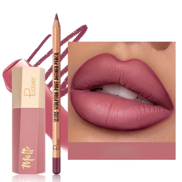 1set Matte lip gloss and lip liner pen set long-lasting waterproof not easy to smudge velvet texture 260525
