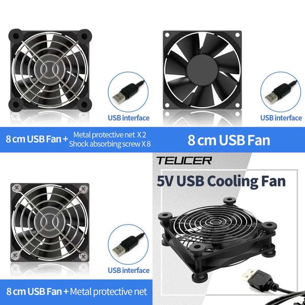 TEUCER 120mmx120mmx25mm 80mmx80mmx25mm 5V USB Exhaust Cooling Fan with Metal Mesh Foot Mat for Router TV Set-top Box Cooling Z260526WWZ1