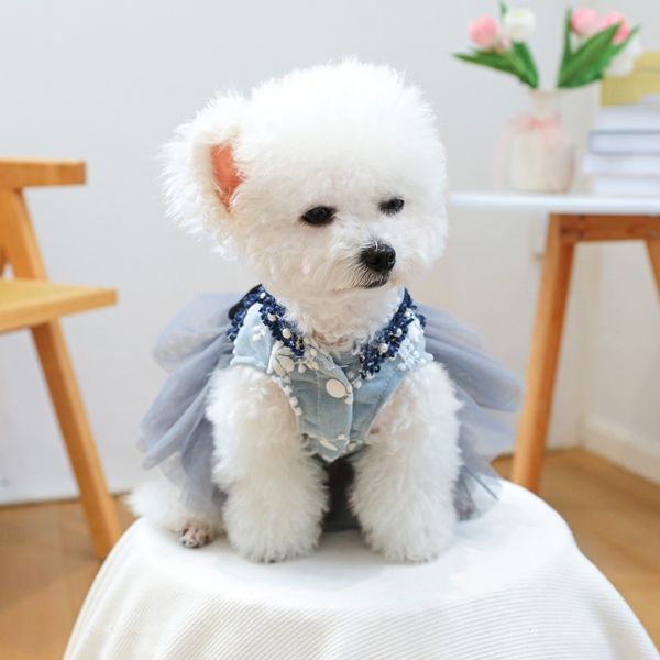 Luxury Embroidered Multi-Layer Lace Puppy Clothes dog For Small Pet Girl, Blue Outfit Free Shipping