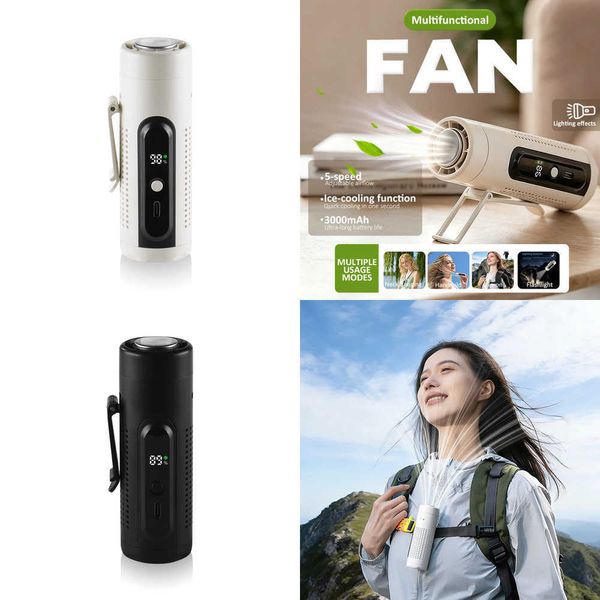 5-in-1 Portable Fan 5 Speeds LED Display Ice Cooling USB Fan Flashlight 3000mAh Rechargeable Desk Hands-Free Neck Fan Z260526ZSBH